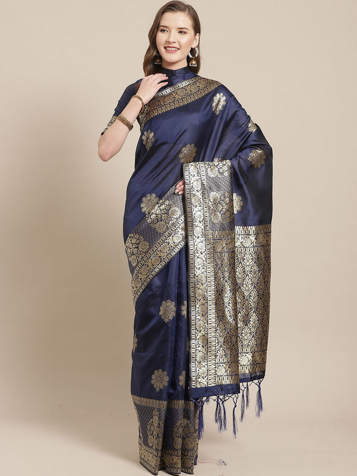 Saree mall Navy Blue & Gold-Toned Woven Design Zari Silk Blend Banarasi Sarees