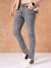 The Indian Garage Co Men Straight Fit Slash Knee Light Fade Stretchable Jeans
