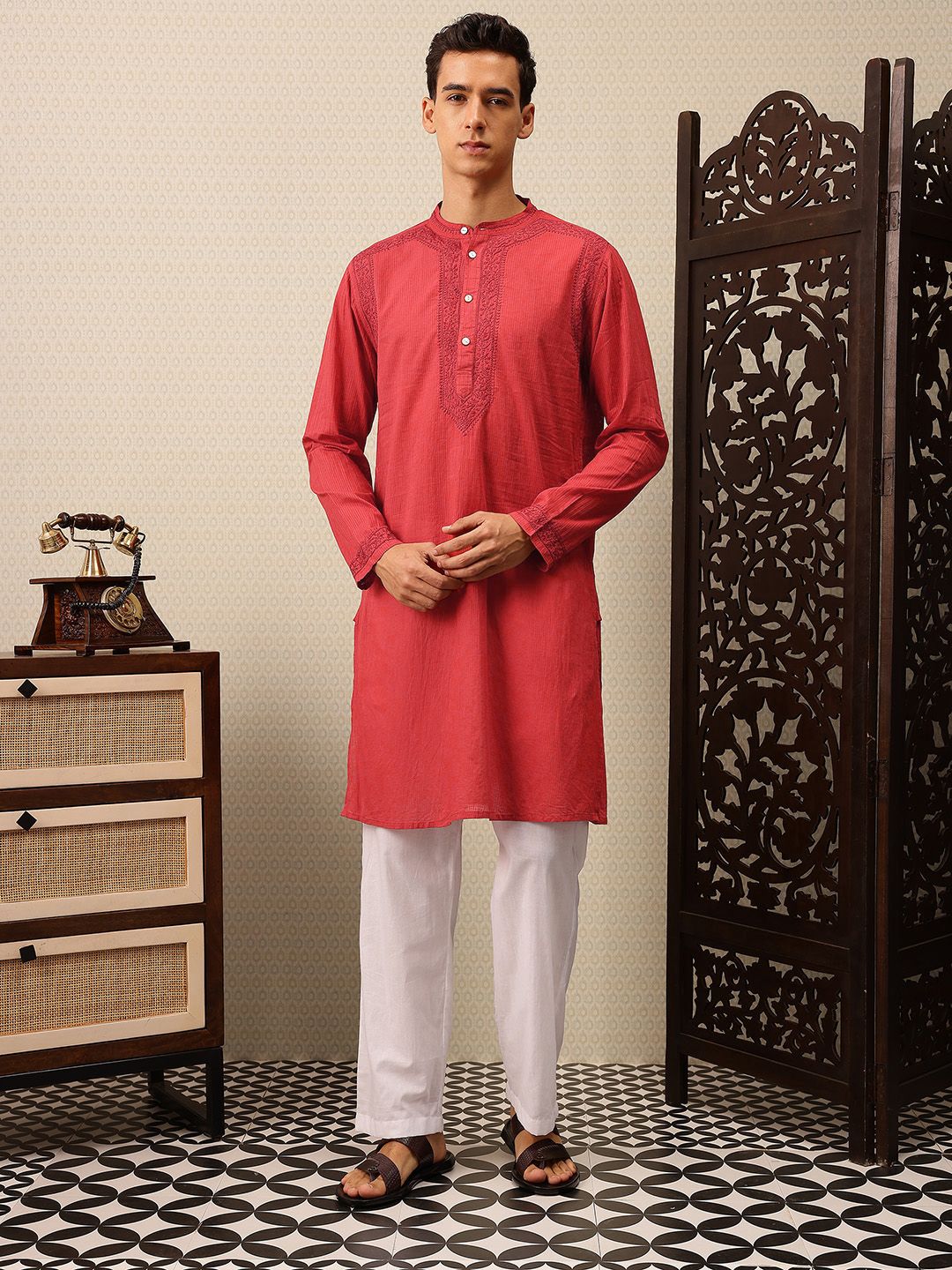 House of Pataudi Striped & Embroidered Pure Cotton Jashn Kurta with Trousers