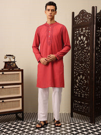 House of Pataudi Striped & Embroidered Pure Cotton Jashn Kurta with Trousers