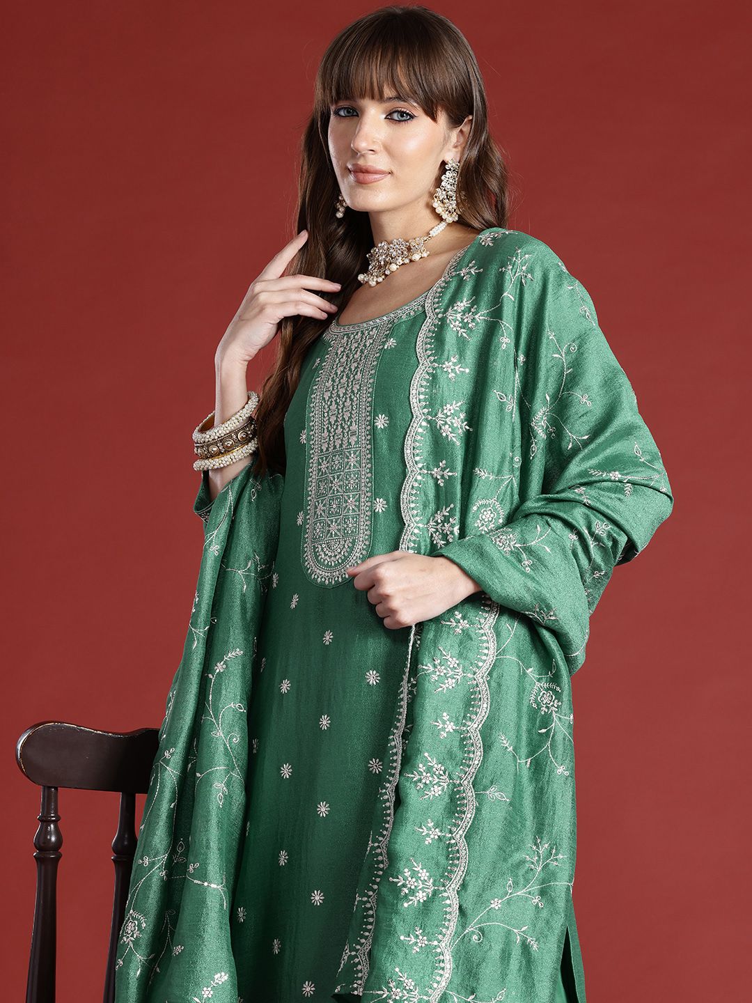 Indo Era Floral Embroidered Sequinned Kurta with Trousers & With Dupatta