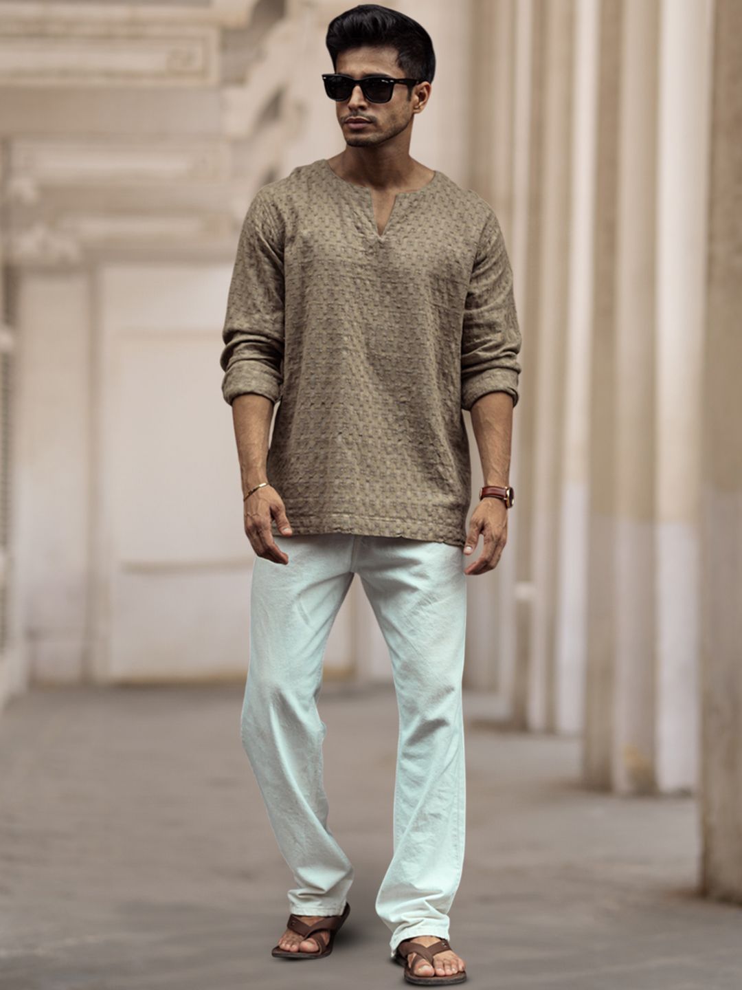 Powerlook Men Collarless Popcorn Texture Pure Cotton Casual Shirt