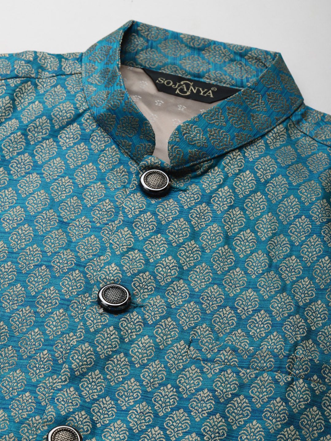 SOJANYA Men Olive Green & Blue Jacquard Ethnic Motifs Straight Kurta with Churidar