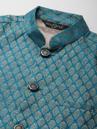 SOJANYA Men Olive Green & Blue Jacquard Ethnic Motifs Straight Kurta with Churidar