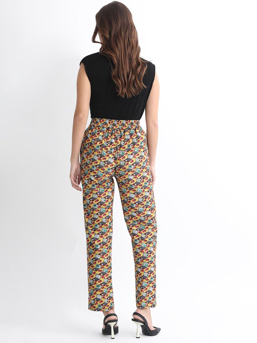 RAREISM Women Slim Fit Conversational Printed High-Rise Cotton Regular Trousers