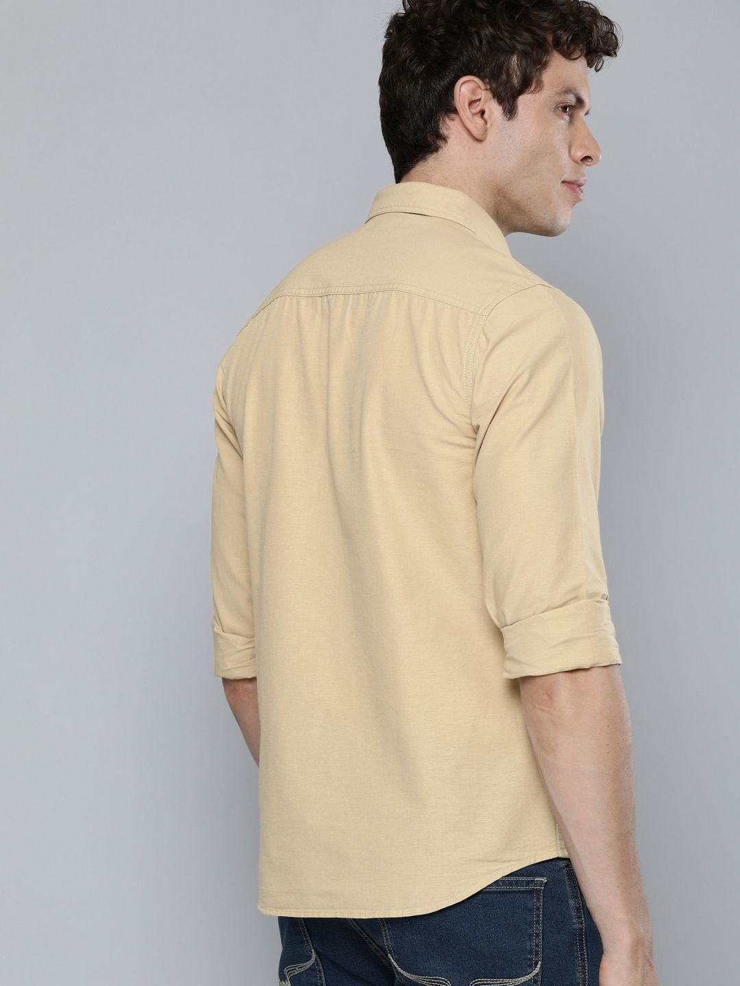 The Indian Garage Co Men Beige Slim Fit Solid Pure Cotton Casual Shirt
