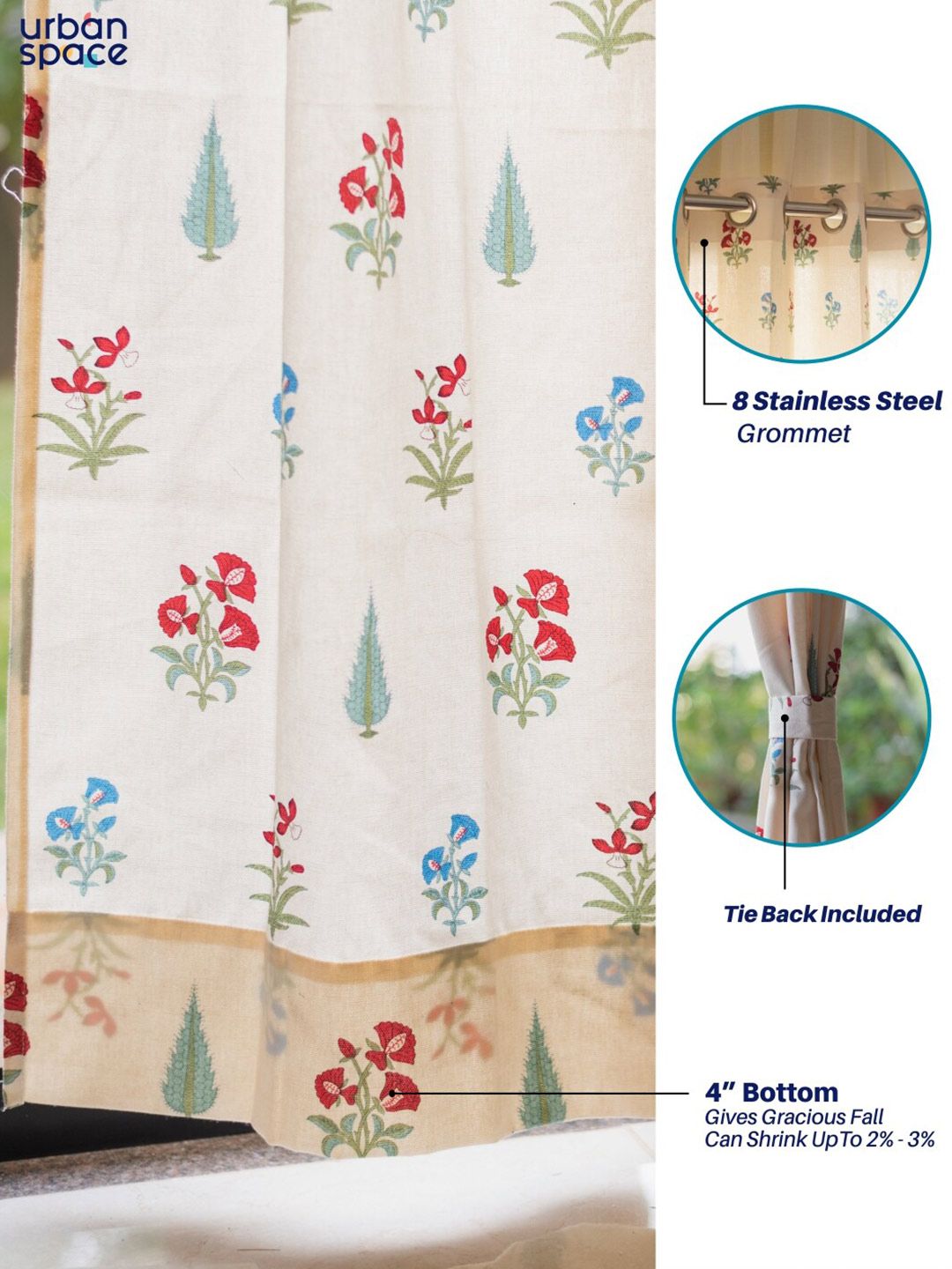 URBAN SPACE Cream-Colored & Red 2-Pieces Floral Cotton Long Door Curtains