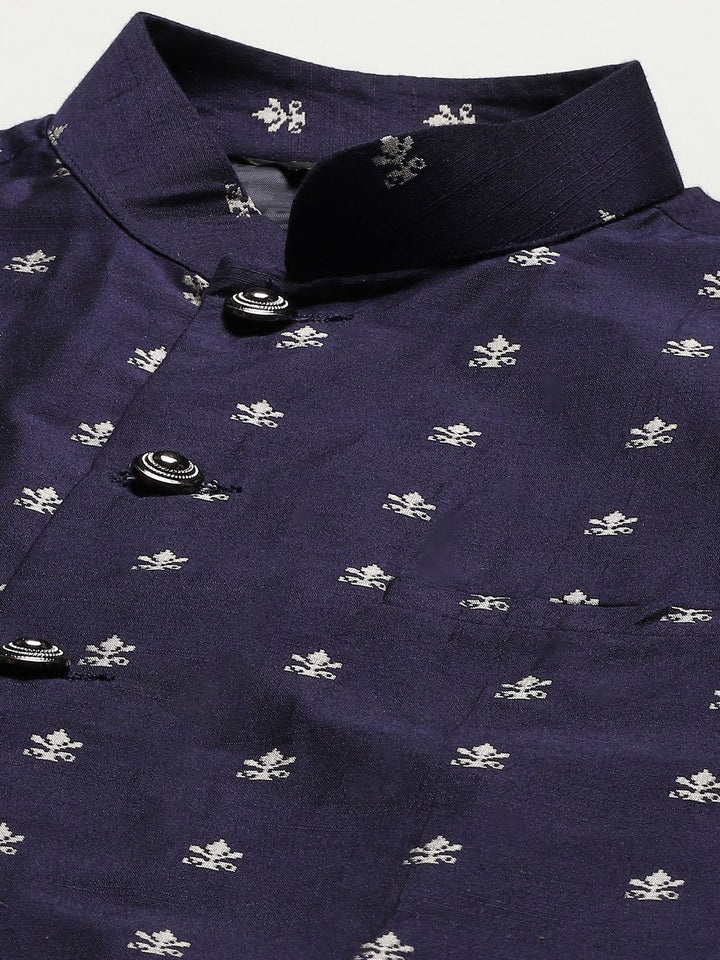 SOJANYA Lelaki Navy Blue Chikankari Pure Cotton Kurta with Churidar & Nehru Jacket