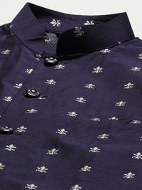 SOJANYA Lelaki Navy Blue Chikankari Pure Cotton Kurta with Churidar & Nehru Jacket