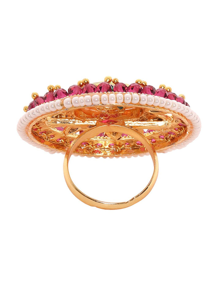 Rubans 18K Ruby Red Kundan-Bertaraf Red Kundan & Putih Pearl Buddrafted Ring