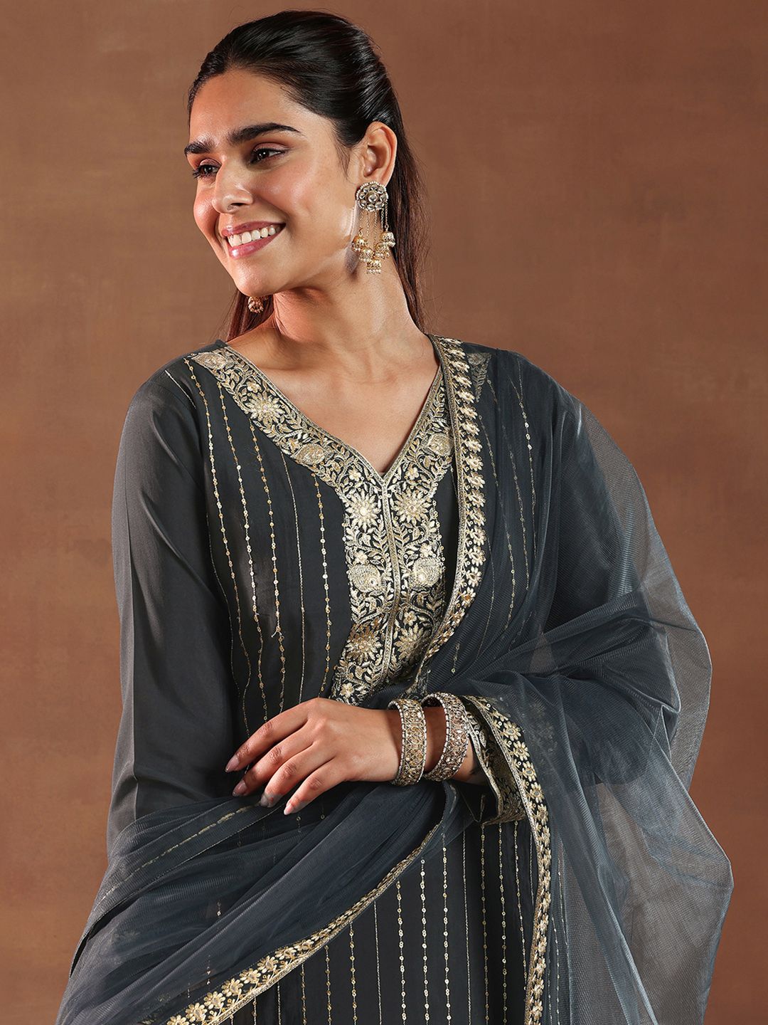 Libas Black and Grey Floral Embroidered Thread Work Kurta with Trouser & Dupatta