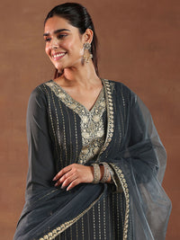 Libas Black and Grey Floral Embroidered Thread Work Kurta with Trouser & Dupatta