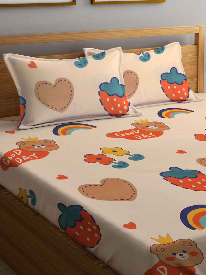 KLOTTHE Graphic 300 TC Fitted Double King Bedsheet with 2 Pillow Covers