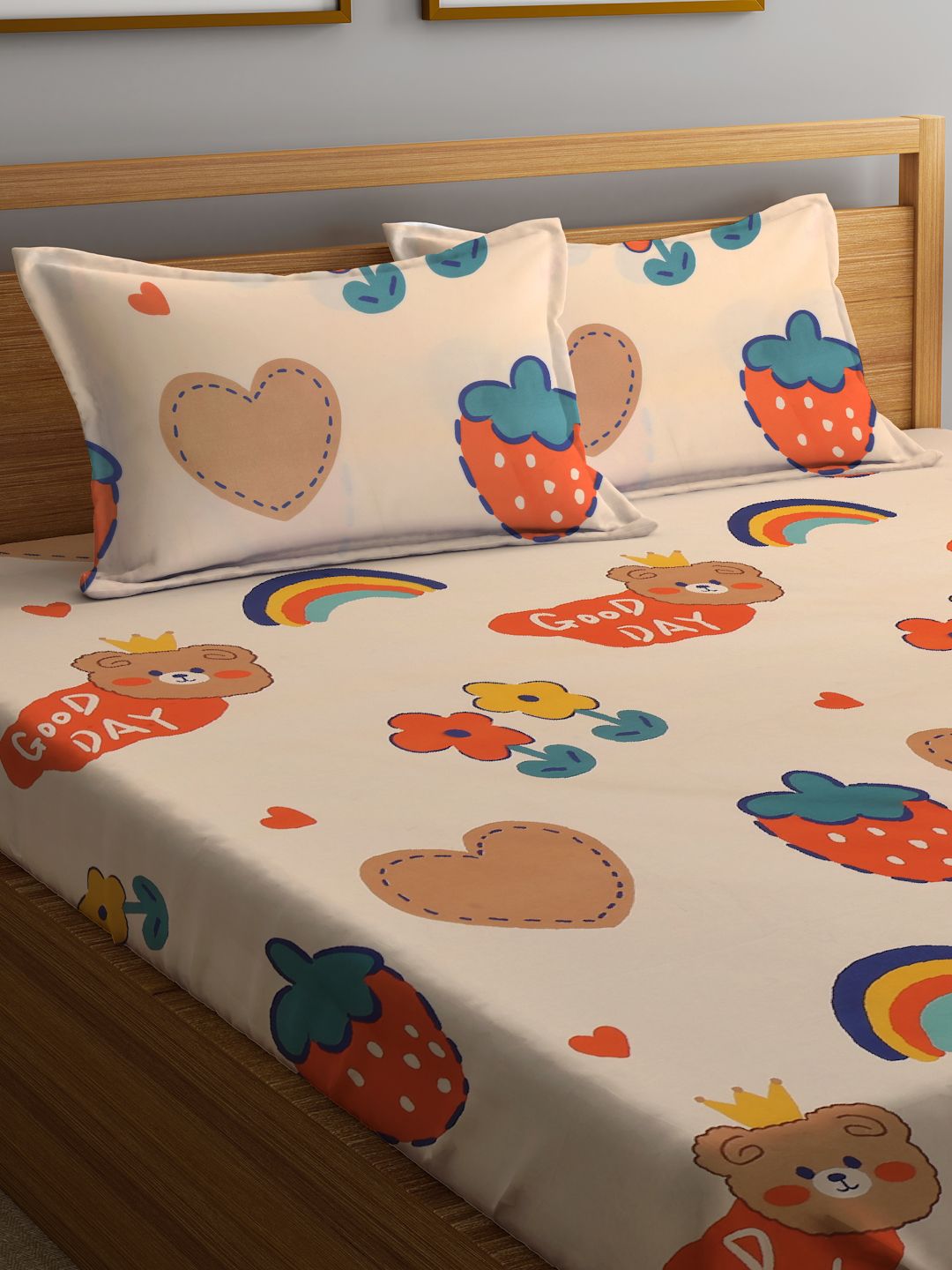 KLOTTHE Graphic 300 TC Fitted Double King Bedsheet with 2 Pillow Covers