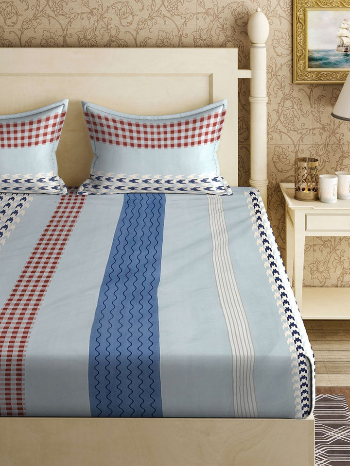KLOTTHE Biru Kapas Geometrik 300 TC Cadar King Halus dengan 2 Sarung Bantal-250 x 225 cm