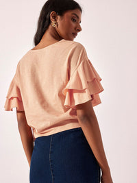 The Label Life Self Design Round Neck Extended Sleeves Cotton Regular Top
