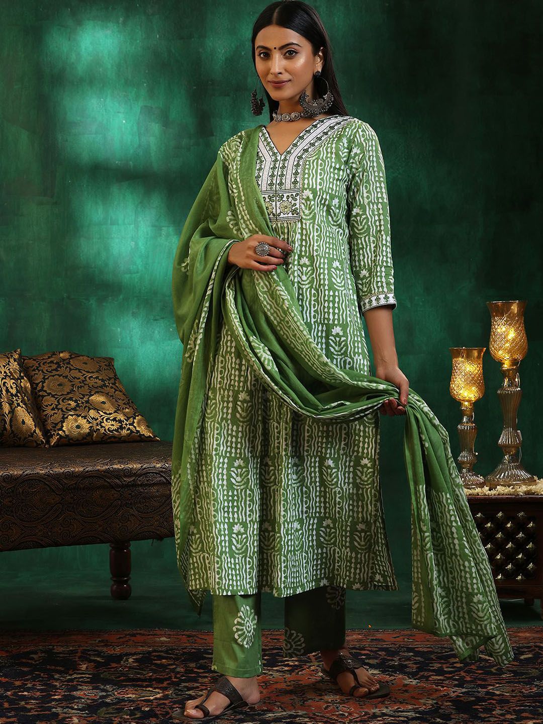 Libas Floral Printed Beads and Stones Pure Cotton A Line Kurta with Trousers & Dupatta