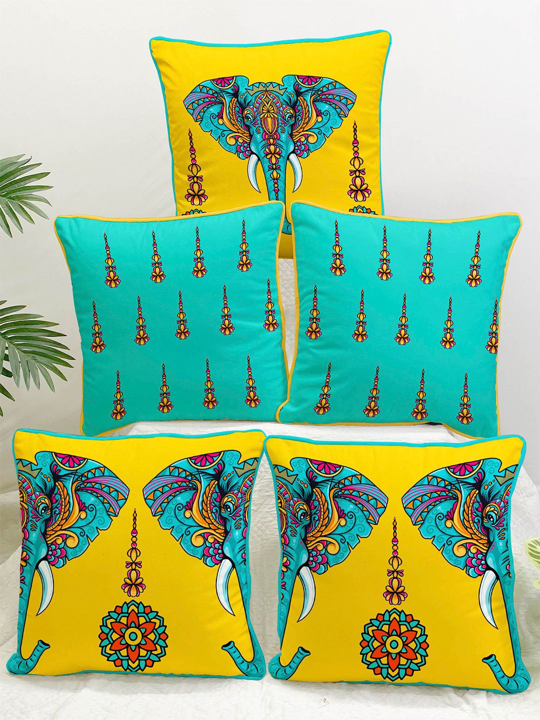 STITCHNEST Yellow & Blue Set of 5 Ethnic Motifs Velvet Square Cushion Covers