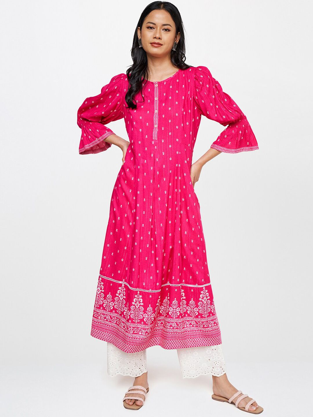Global Desi Women Pink Printed Bell Sleeves Anarkali Kurta