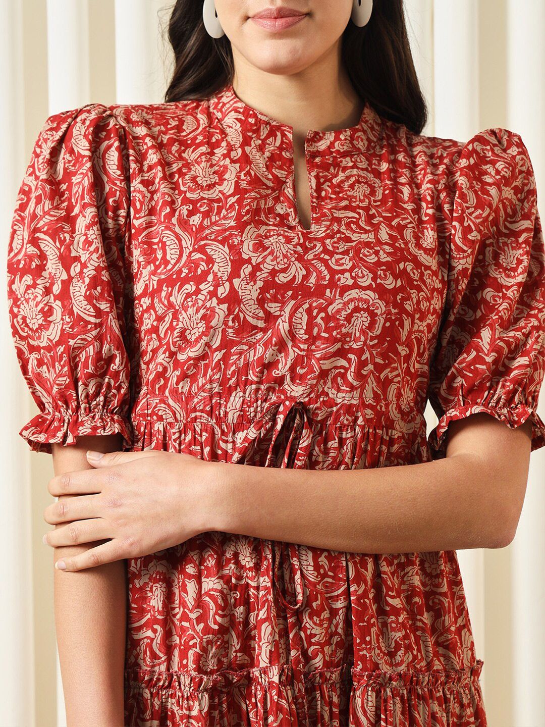 Kalini Floral Printed Mandarin Collar Puff lengan baju dan pakaian suar