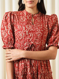 Kalini Floral Printed Mandarin Collar Puff lengan baju dan pakaian suar