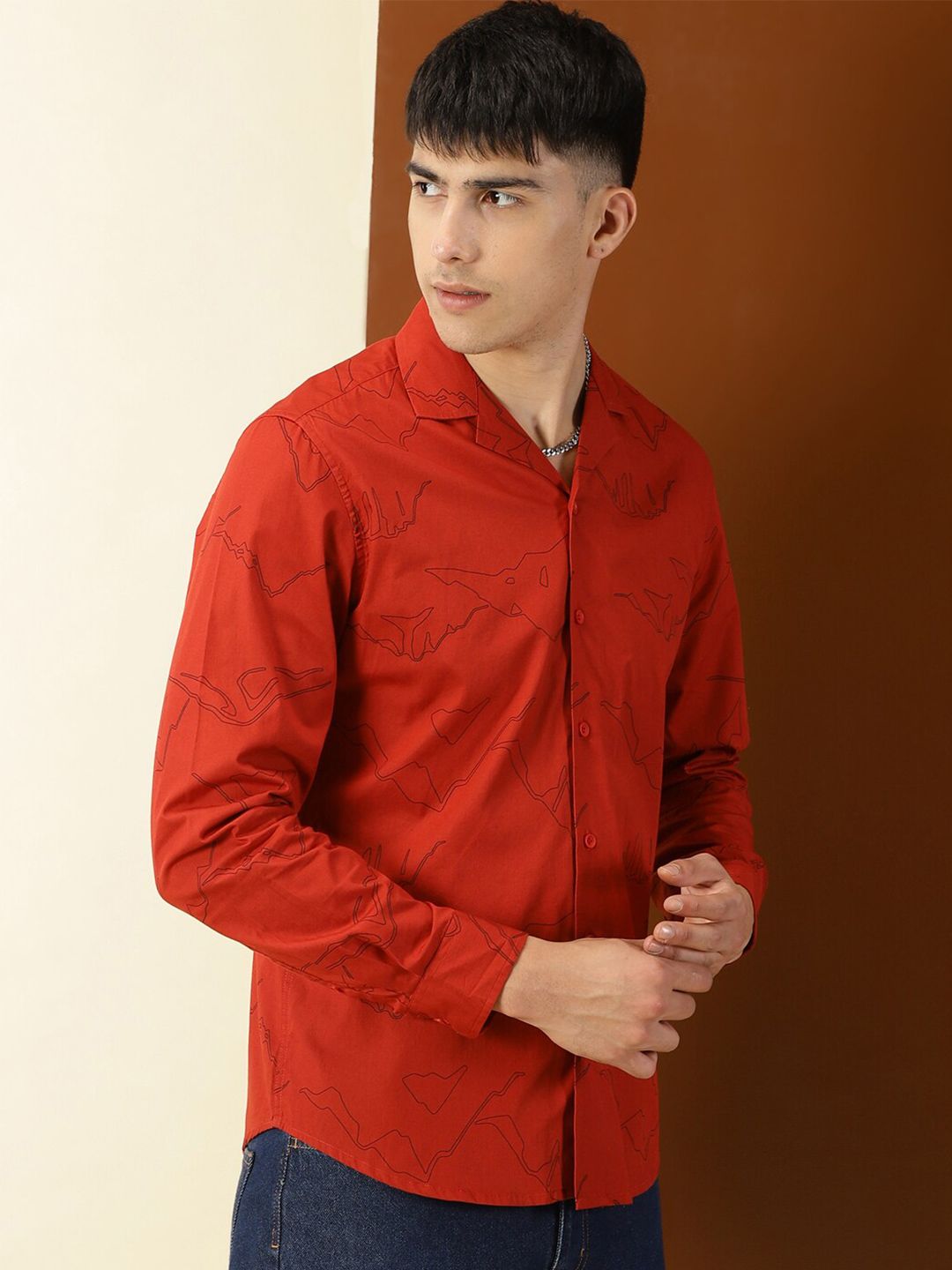 Thomas Scott Classic Abstract Printed Cuban Collar Cotton Casual Shirt