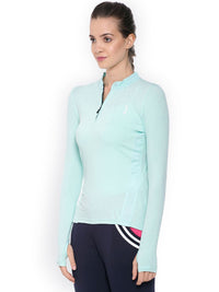 Campus Sutra Women Turquoise Blue Solid Henley Neck T-shirt