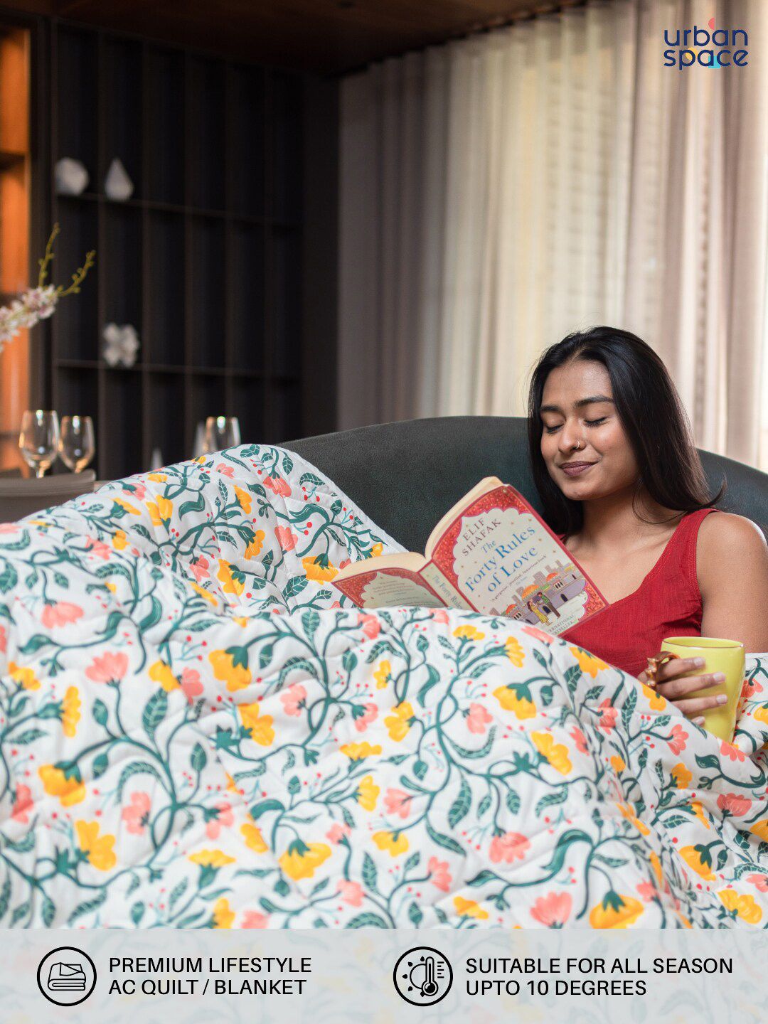 URBAN SPACE Kashmir White & Green Floral AC Room Double Bed Blanket