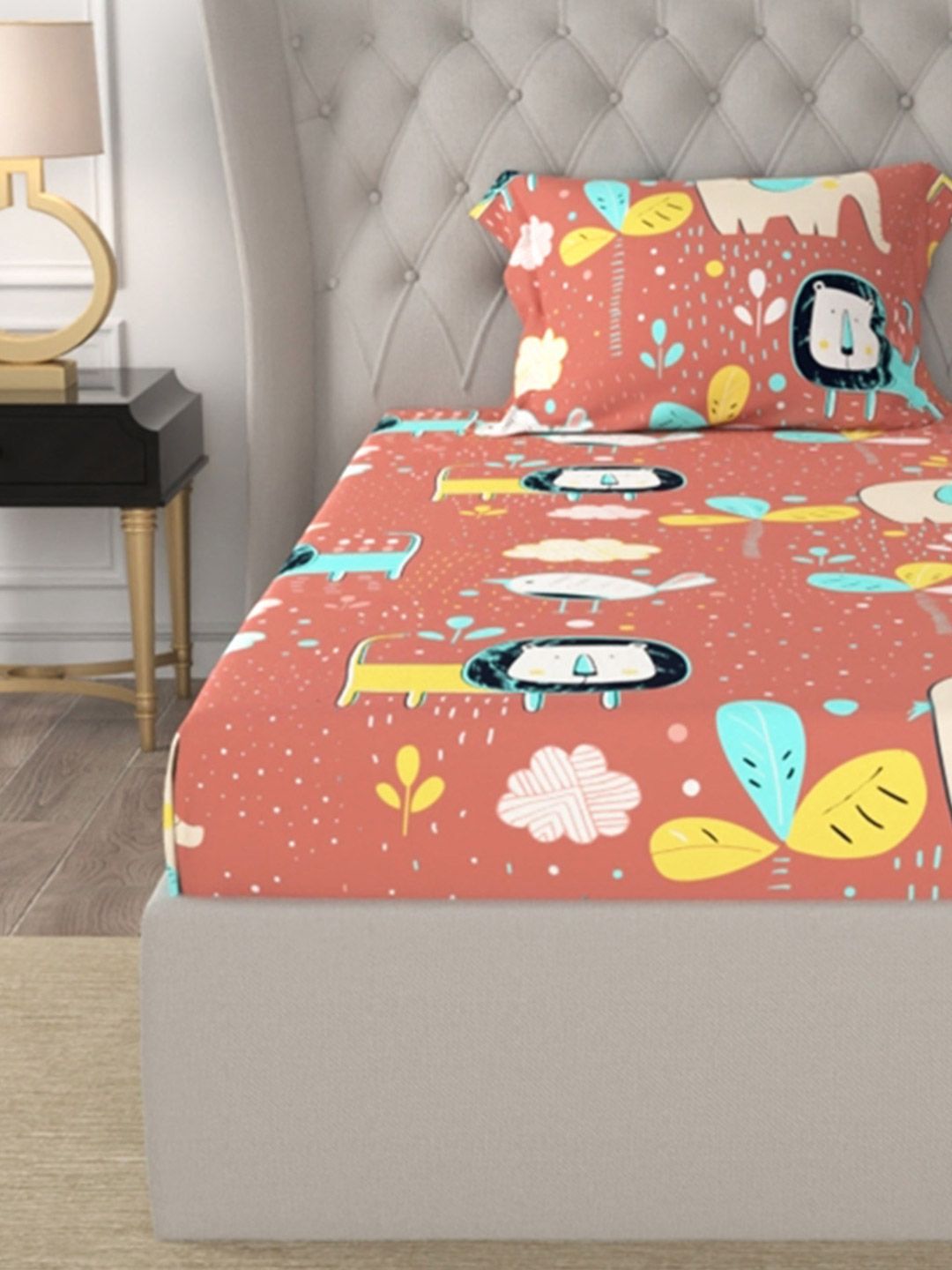 URBAN SPACE Orange Cartoon Characters 200 TC Cotton Single Bedsheet & 1 Pillow Cover