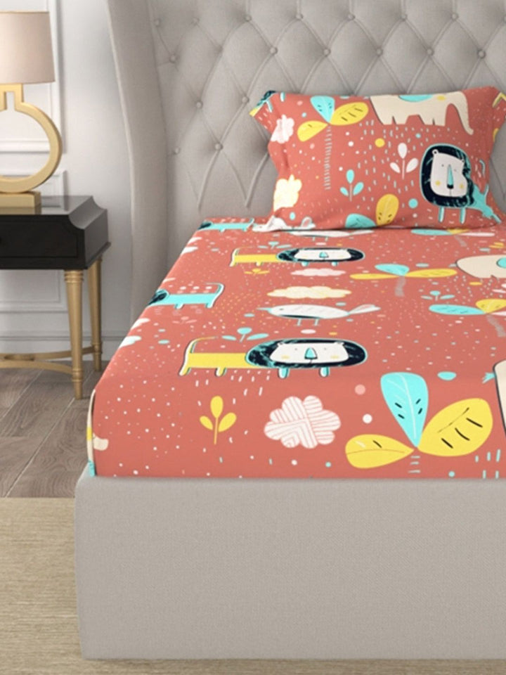 URBAN SPACE Orange Cartoon Characters 200 TC Cotton Single Bedsheet & 1 Pillow Cover