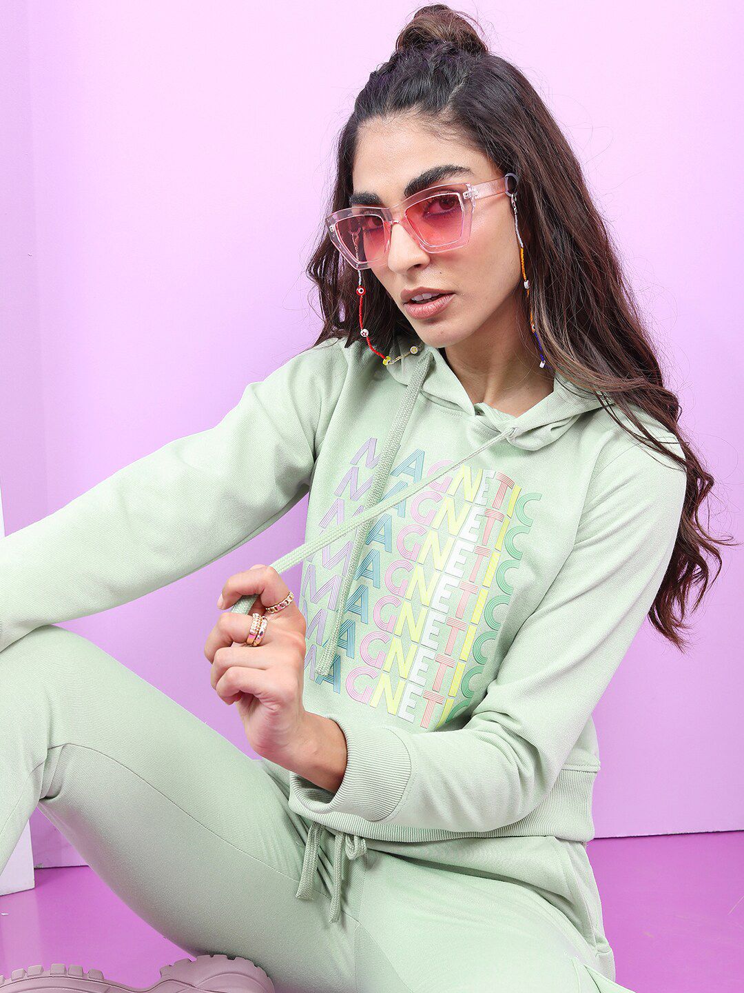 Tokyo Talkies Wanita Sea Green Printed Hooded Sweatshirt