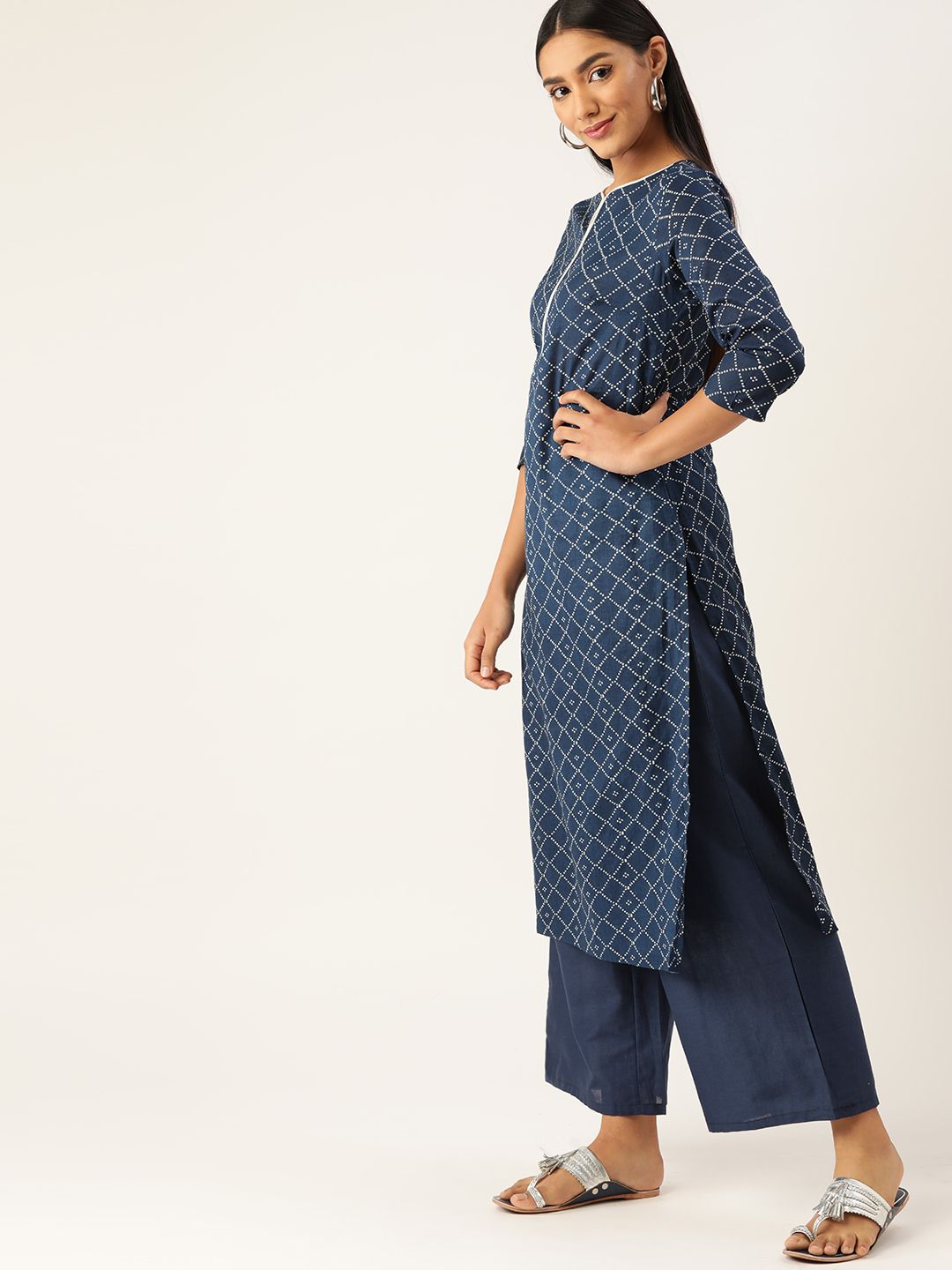 Anouk Women Teal Blue & Off White Printed Pure Cotton Kurta with Palazzos