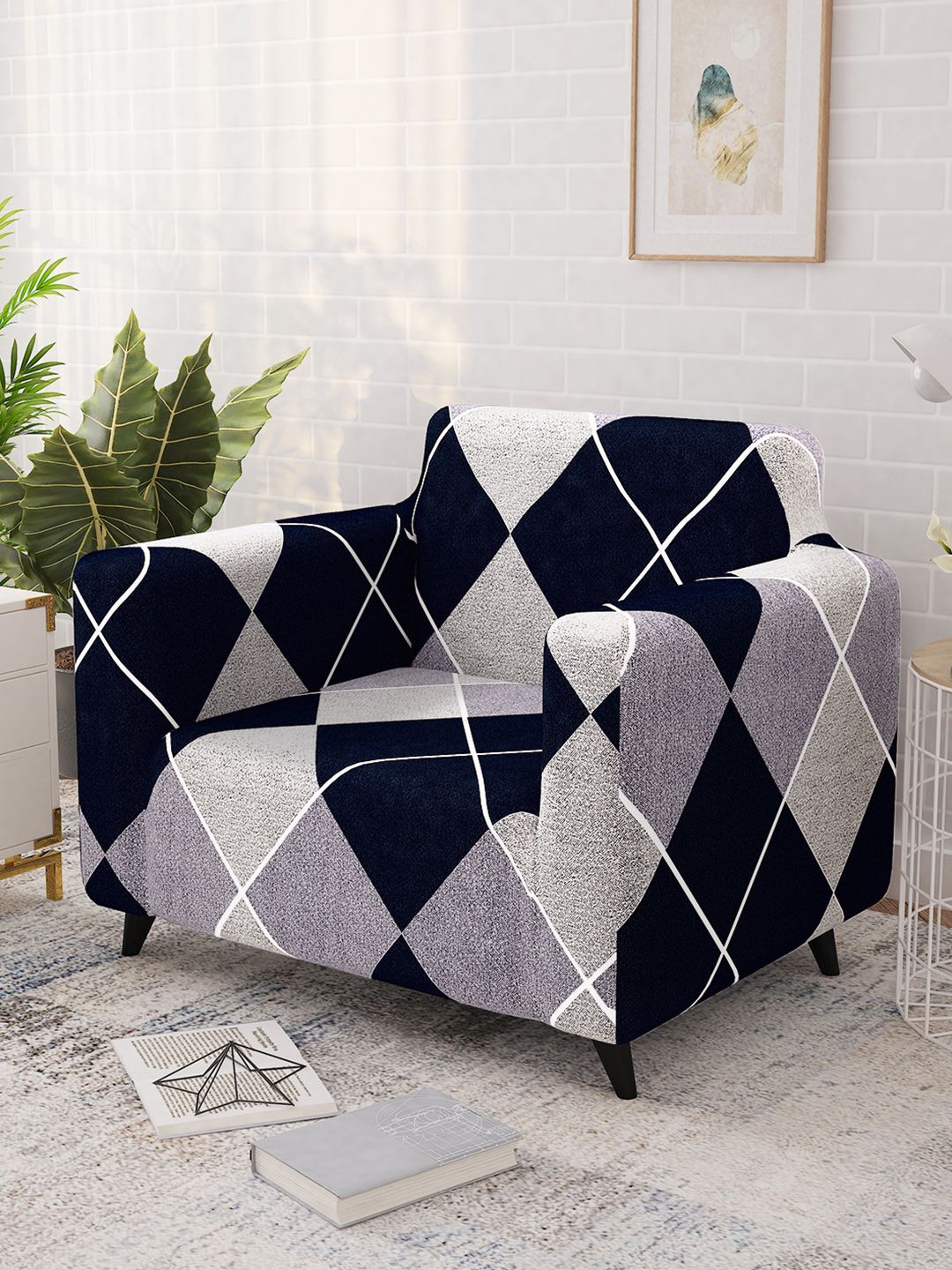 Story@home Navy Blue & Grey Printed 1 Seater Stretchable Sofa Cover With Arms