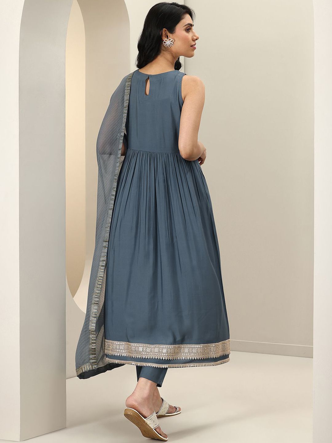 Gerua By Libas Womens Grey Solid Anarkali Kurta With Trousers & Dupatta