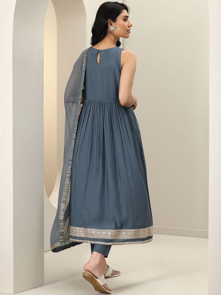 Gerua By Libas Womens Grey Solid Anarkali Kurta With Trousers & Dupatta