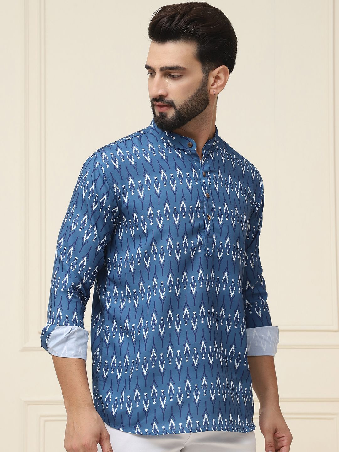 SOJANYA Kurta Bercetak Motif Etnik Biru Teal Lelaki