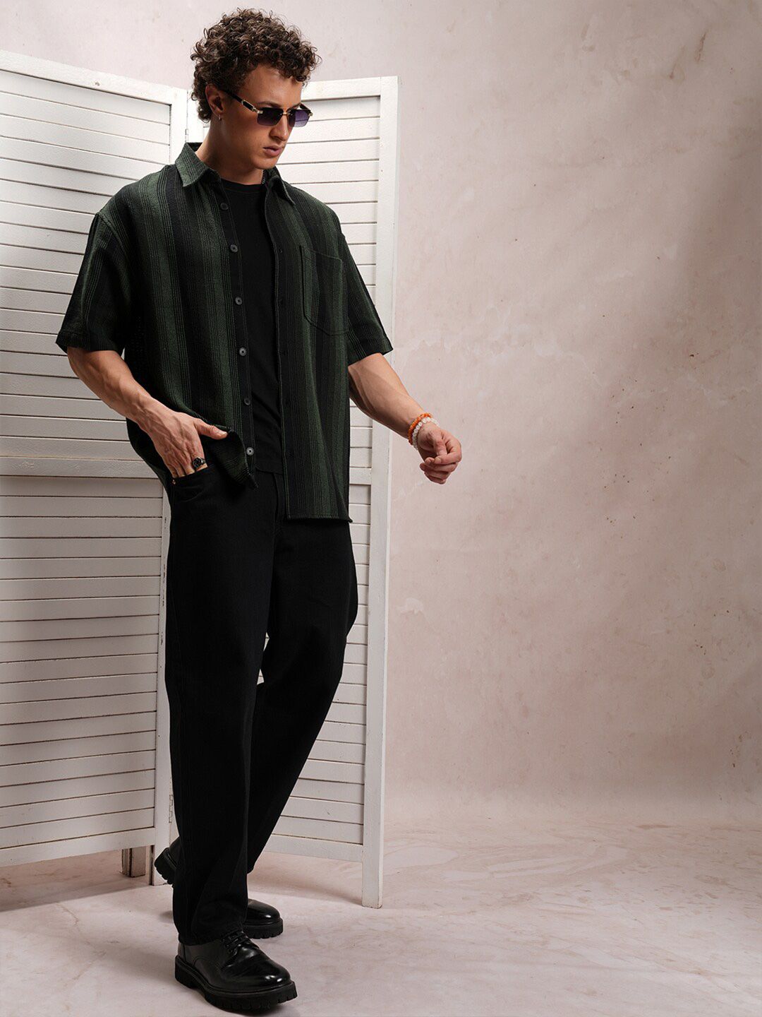 LOCOMOTIVE Premium Fit Striped Dobby Textured Drop-Shoulder Sleeves Oversized Shirt