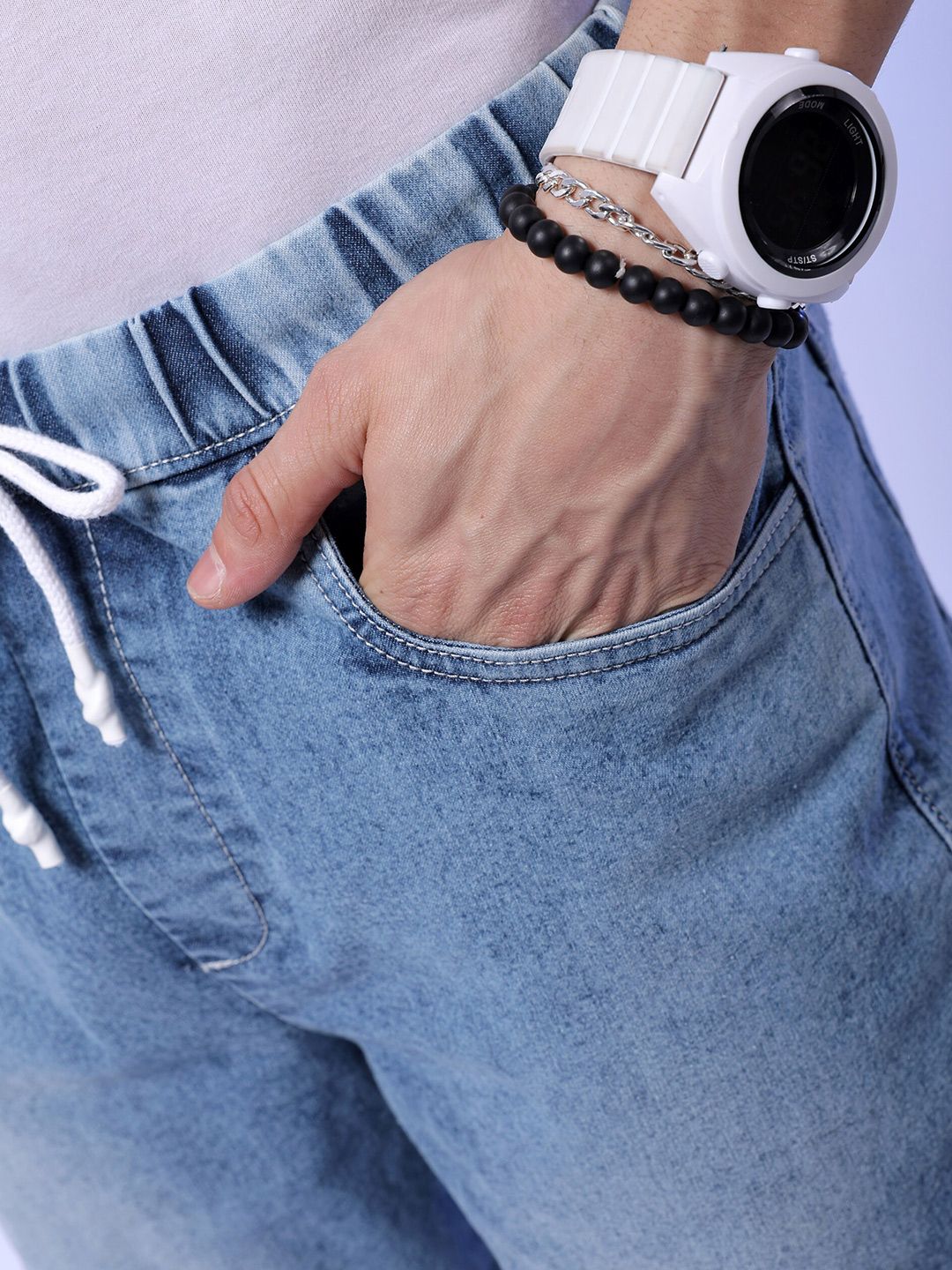 The Indian Garage Co Men Clean Look Light Fade Stretchable Cargo Denim Joggers