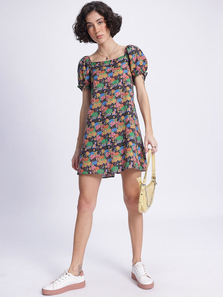 DressBerry Indie Vibe Printed Tie-Up Back A-Line Mini Dress