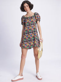 DressBerry Indie Vibe Printed Tie-Up Back A-Line Mini Dress