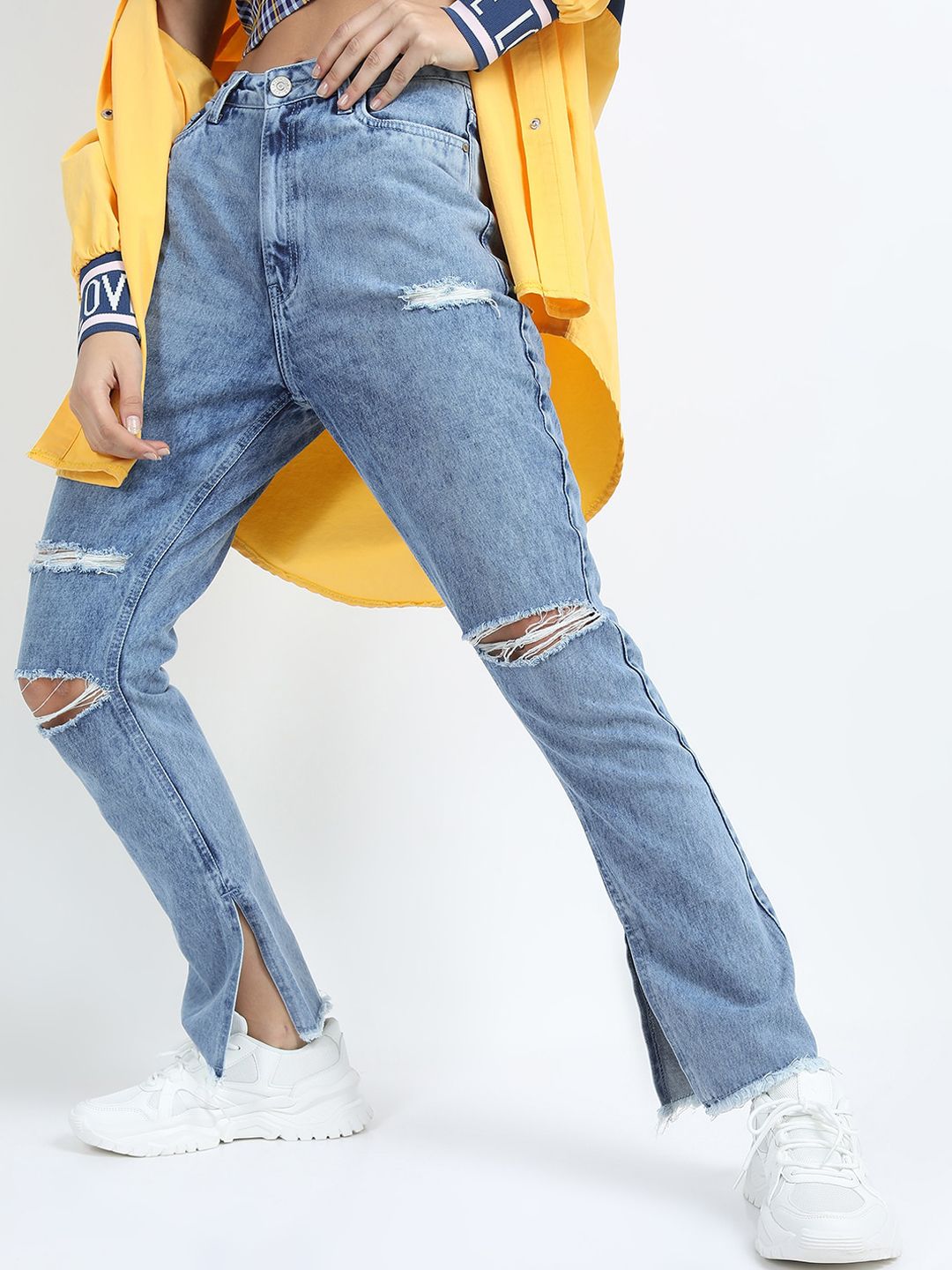 Tokyo Talkies Women Blue Straight Fit Highly Distressed Light Fade Jeans
