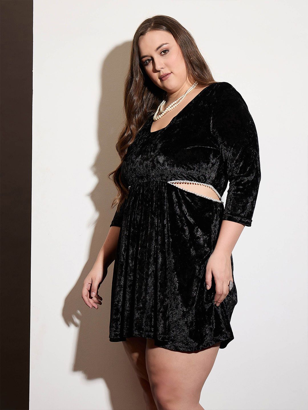 SASSAFRAS Curve Women Embellished Velvet Fit & Flare Dress