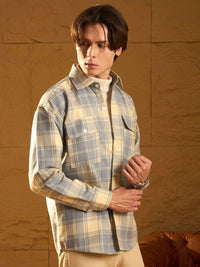 DENNISON Men Double Pocket Drop Shoulder Oversized Cotton Checked Shacket