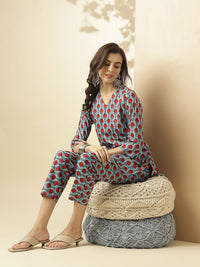 KALINI Ethnic Motifs Printed V-Neck Three-Quarter Sleeves Pure Cotton Tunic & Trousers