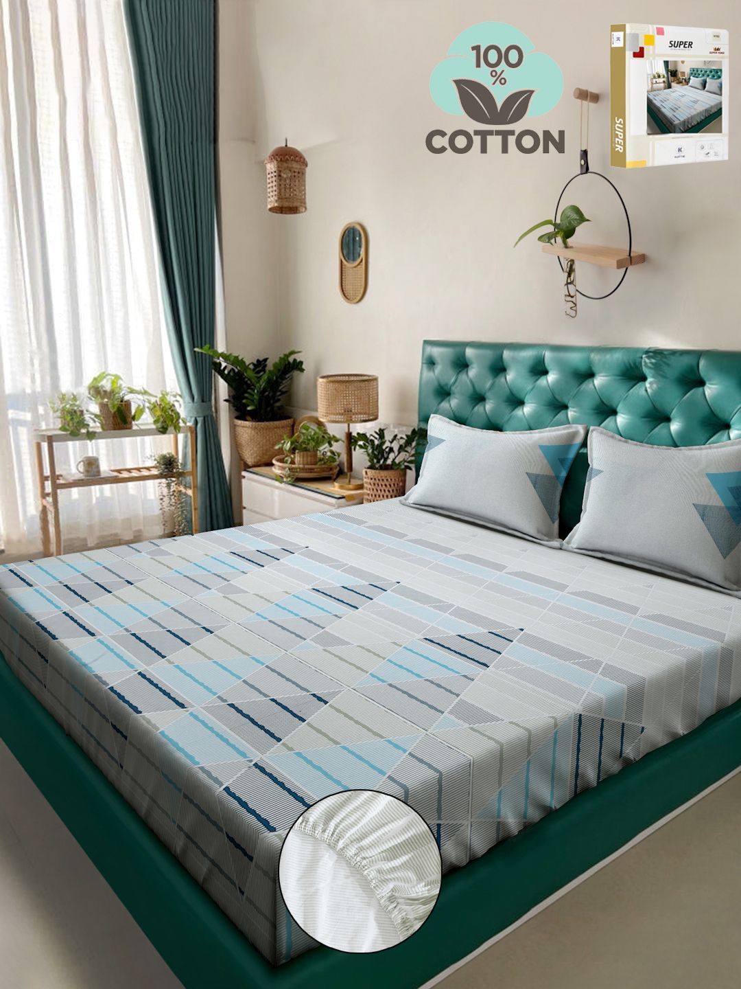 KLOTTHE Printed 400 TC Pure Cotton Fitted Super King Double Bedsheet & 2 Pillow Covers