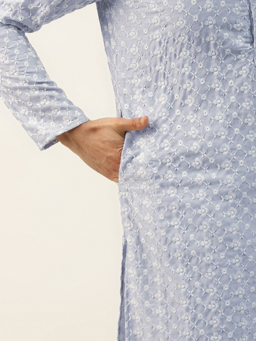 SOJANYA Kurta Sulam Chikankari Biru Lelaki dengan Jaket Churidar & Nehru