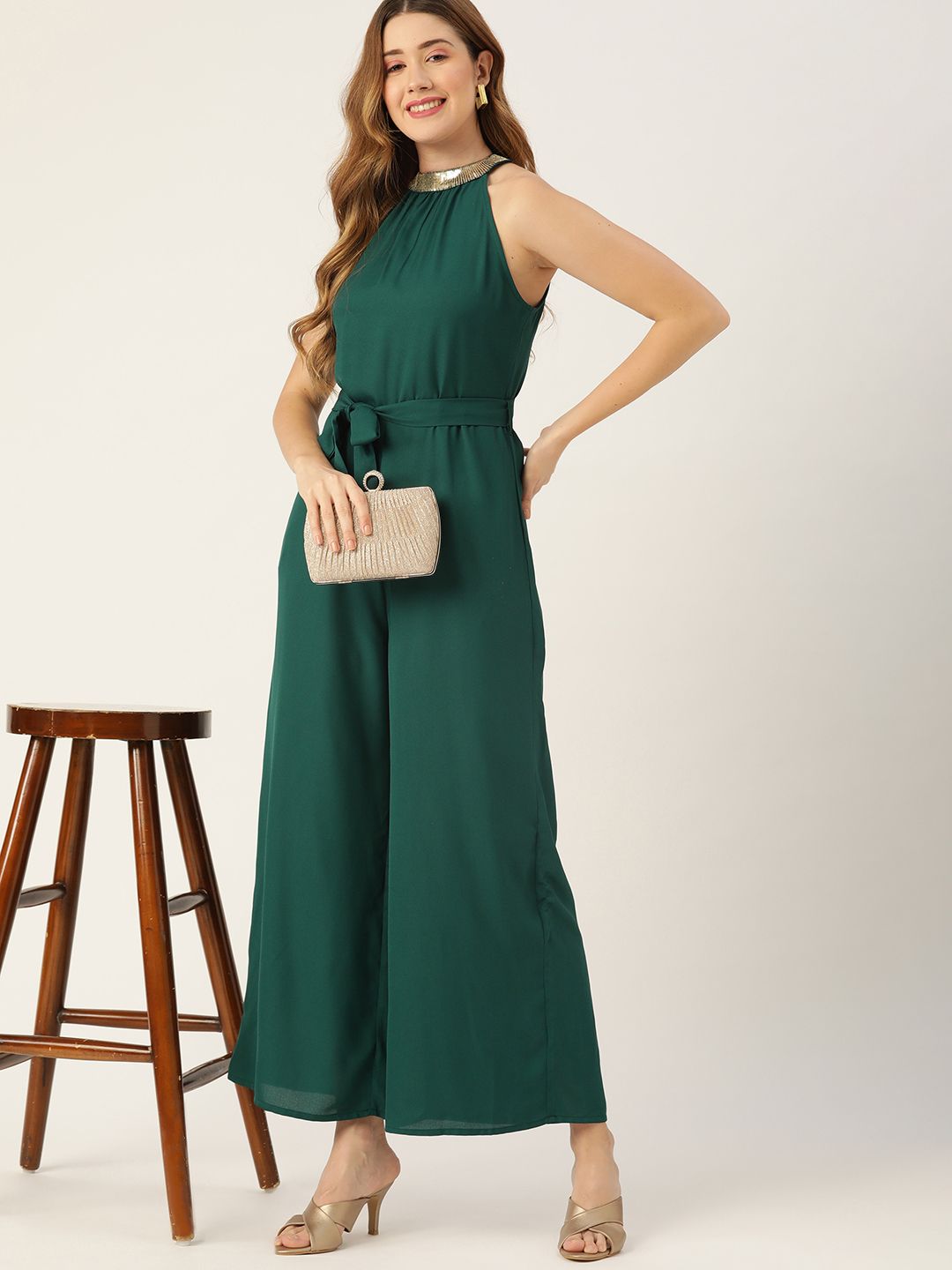 DressBerry Women Green Solid Basic Jumpsuit with Belt