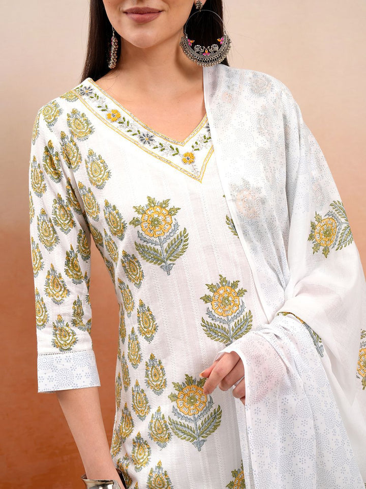 Vishudh Floral Printed V-Neck Pure Cotton Kurta with Trousers & Dupatta