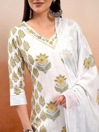 Vishudh Floral Printed V-Neck Pure Cotton Kurta with Trousers & Dupatta