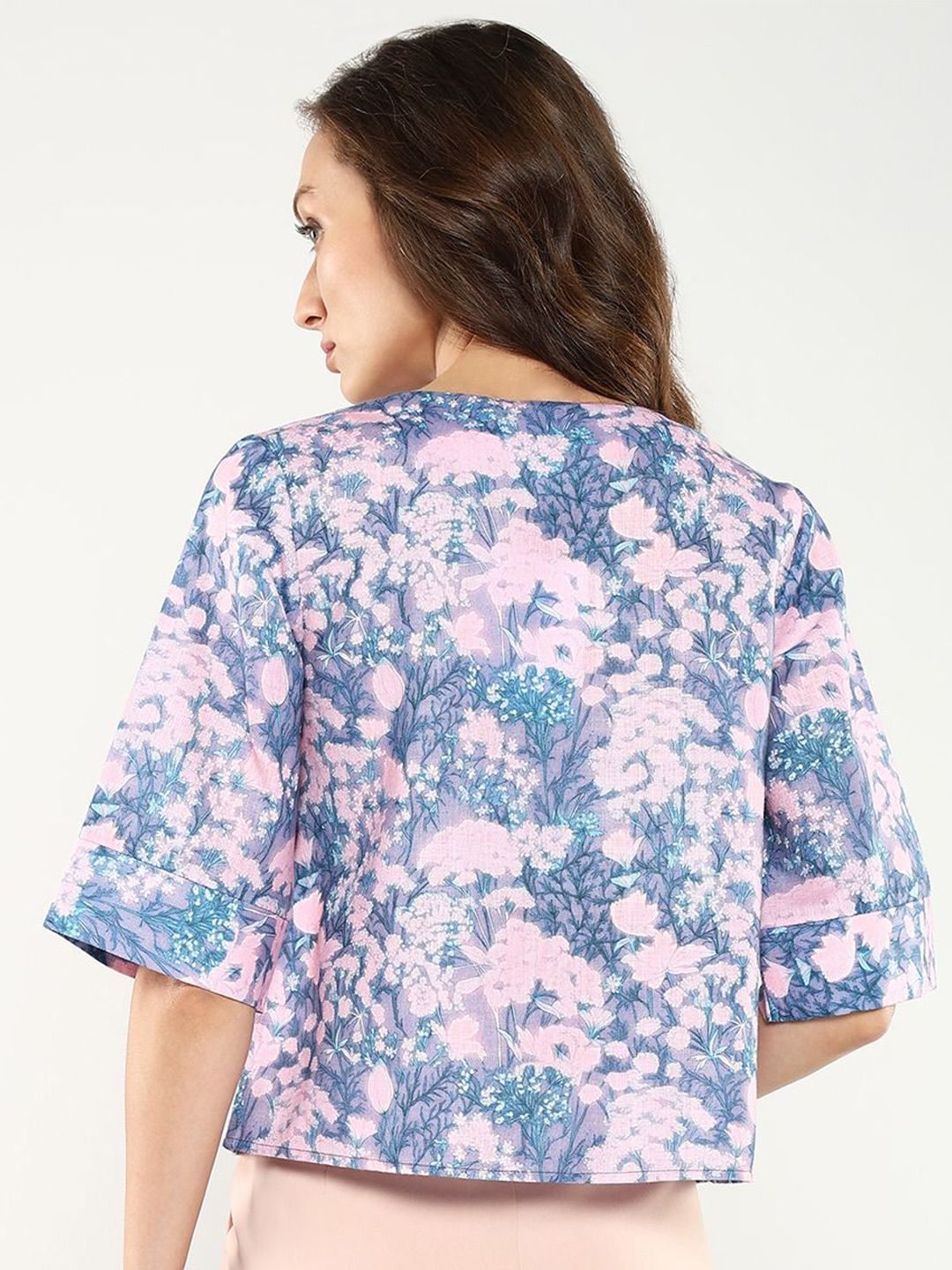 Rareism Cetakan Floral Flared Sleeve Styled Back Top